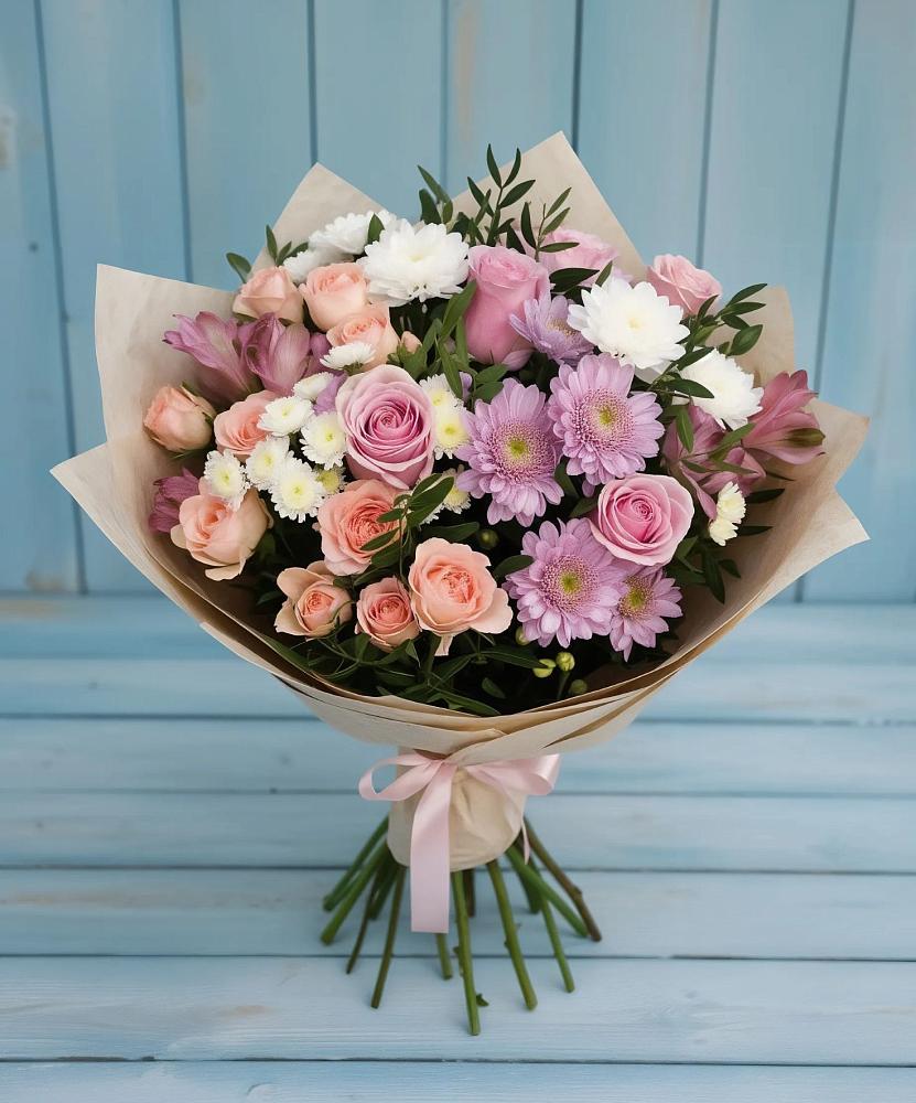 Букет цветов из: Хризантемы, Розы и Альстромерии в Сасыколи