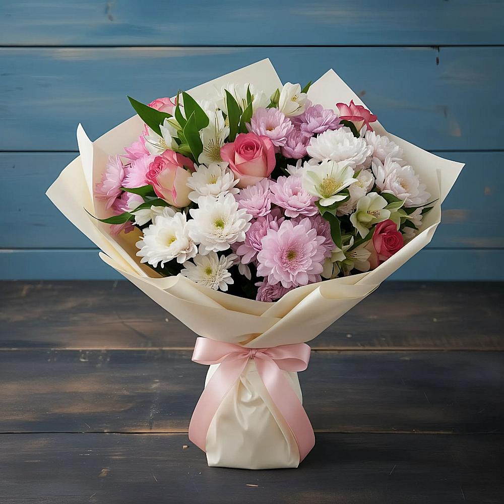 Букет цветов из: Хризантемы, Альстромерии и Розы в Сасыколи